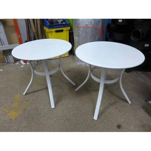 2421 - Two white metal garden tables