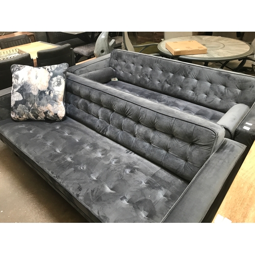 1459 - A pair of grey velvet buttoned back three seater sofas