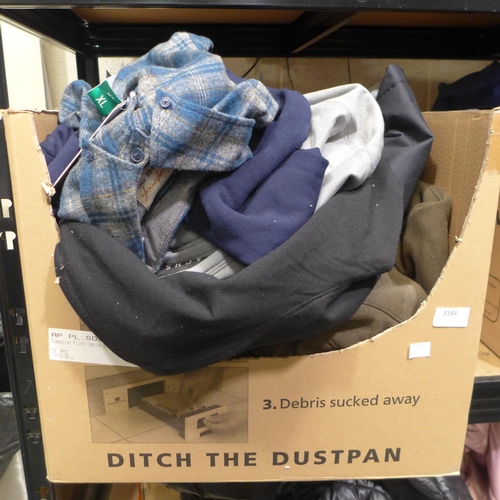 3184 - Box of men's casual clothing including shirts, jumpers and trousers, various sizes * this lot is sub... 