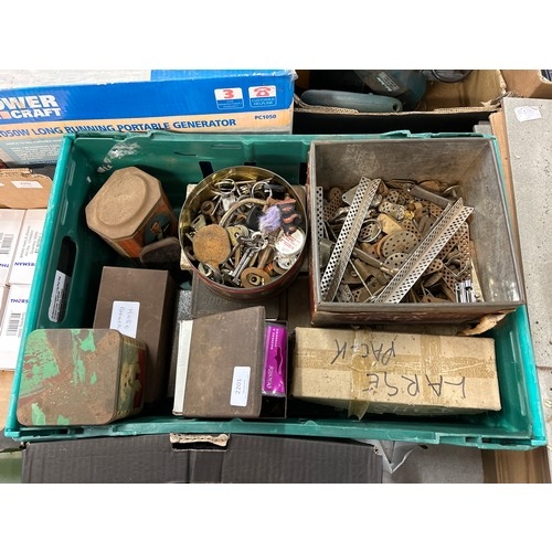 2201 - Misc. screws, nuts, bolts, washers, hosepipe ends, tub of keys, nails in vintage tins