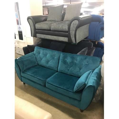 1539 - A turquoise upholstered sofa, blue upholstered sofa and a grey upholstered sofa - all damaged