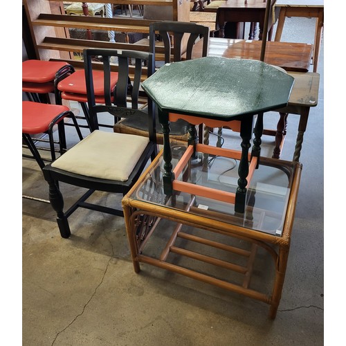 239 - Two painted oak occasional tables, bamboo and glass topped coffee table, two chairs and a brass and ... 