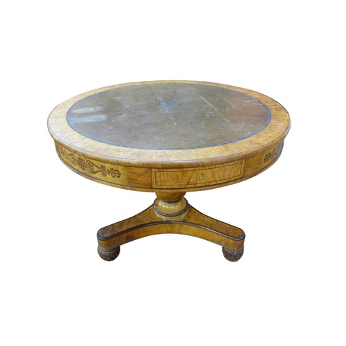 1 - A Regency birds eye maple and leather topped drum shaped library or rent table, manner of George Bul... 