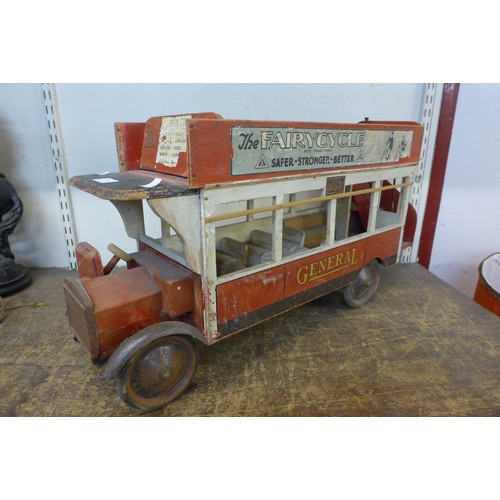 362 - A 1920s Tri-ang Toys wooden double decker London General Bus, with Fairycycle Advertising