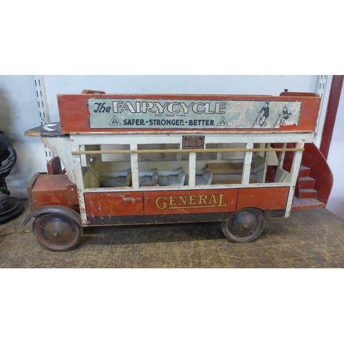 362 - A 1920s Tri-ang Toys wooden double decker London General Bus, with Fairycycle Advertising