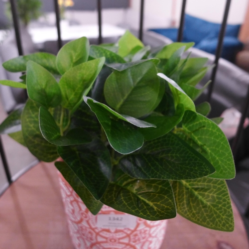 1342 - A faux green plant in a Moroccan tile pattern pot (63098104)