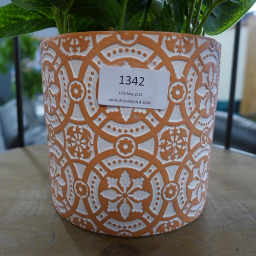 1342 - A faux green plant in a Moroccan tile pattern pot (63098104)