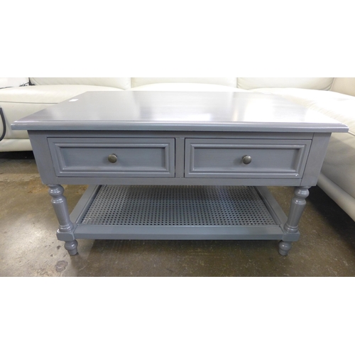 1376 - A grey two drawer coffee table with rattan detail