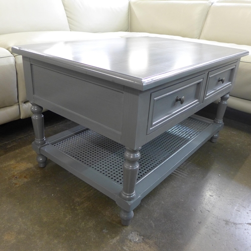 1376 - A grey two drawer coffee table with rattan detail