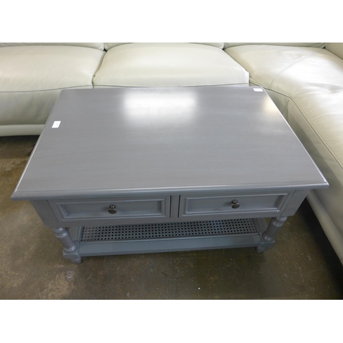 1376 - A grey two drawer coffee table with rattan detail