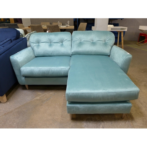 1452 - A teal velvet button back two seater sofa/chaise with swappable LHF and RHF stool