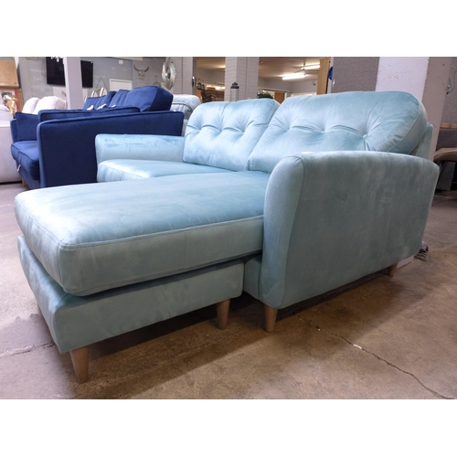 1452 - A teal velvet button back two seater sofa/chaise with swappable LHF and RHF stool