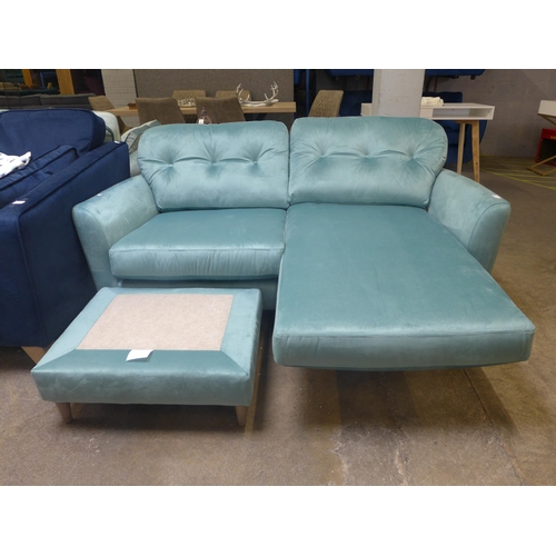 1452 - A teal velvet button back two seater sofa/chaise with swappable LHF and RHF stool