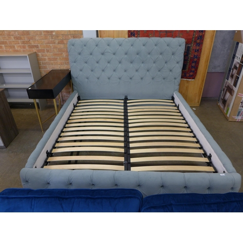 1488 - A French grey plush velvet button back superking bed frame, slats need adjustment