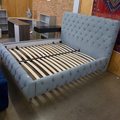 1488 - A French grey plush velvet button back superking bed frame, slats need adjustment