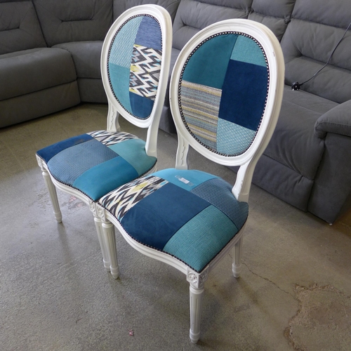 1520 - A pair of white painted and harlequin upholstered bedroom chairs - some marks