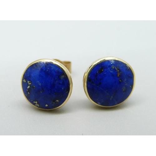 1028 - A pair of hallmarked 9ct gold and lapis lazuli stud earrings, hand made by Andrew Elliot, assayed fo... 