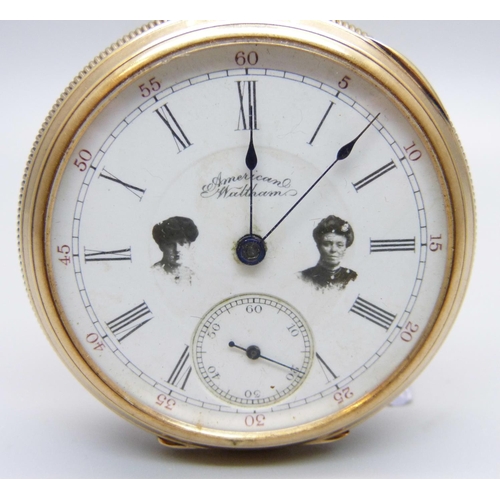 1036 - A 14k Waltham pocket watch, the dial with two lady's portraits, 105g total weight