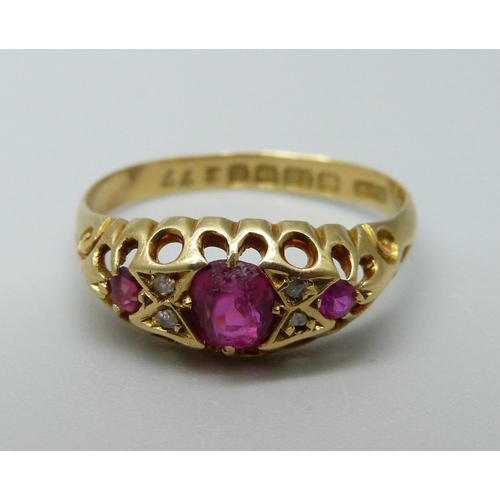 1046 - An 18ct gold, diamond and ruby ring, 2.5g, O