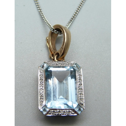 1050 - A 9ct gold, diamond and aquamarine pendant