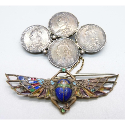 1068 - A Victorian silver coin brooch, made from four 1887 sixpences and an Egyptian scarab brooch,(some da... 