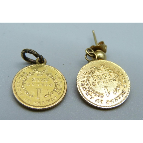 1074 - Two United States of America 1 dollar gold coin, 1852 and 1853, total weight 3.5g, both with loop mo... 