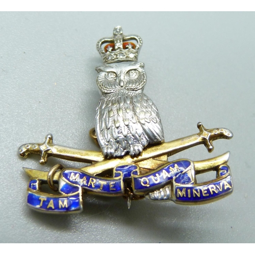 1079 - A British Army Staff College Camberley 9ct gold brooch set with diamonds and enamelled, Birmingham 1... 