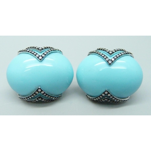 1092 - A pair of 14ct white gold, turquoise colour cabochon and diamond earrings