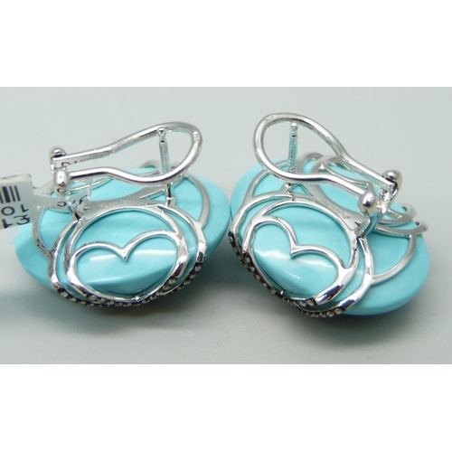 1092 - A pair of 14ct white gold, turquoise colour cabochon and diamond earrings