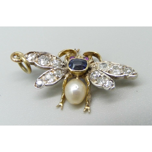 1093 - A diamond, sapphire and pearl set insect pendant with ruby eyes, 2g