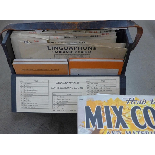 1095 - A box of books, drawing guides and a Linguaphone language course, French