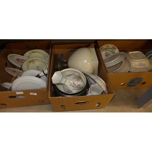 1135 - Three boxes of assorted china, including three cake stands **PLEASE NOTE THIS LOT IS NOT ELIGIBLE FO... 