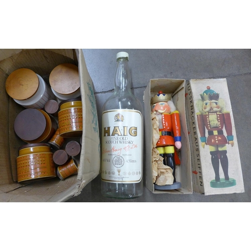 1142 - A large Haig whisky bottle, a Vero nutcracker, boxed and storage jars **PLEASE NOTE THIS LOT IS NOT ... 