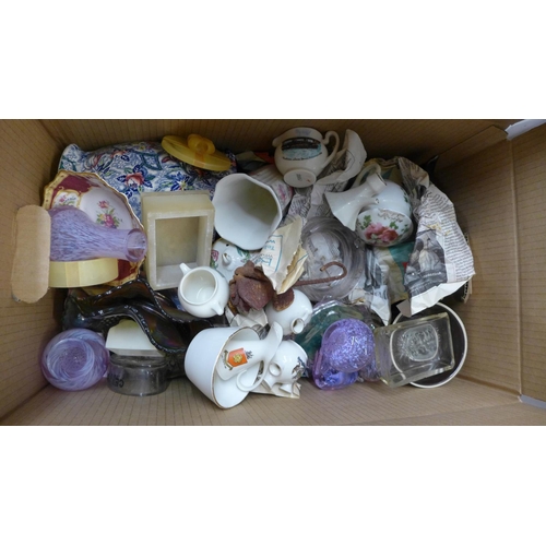 1148 - A box of mixed china including a 1930's tea set, a Ringtons jug, a pair of dog spill vases, carnival... 