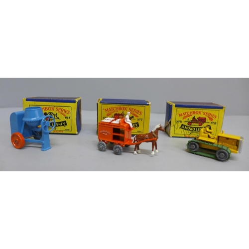 614 - Three Matchbox Moko Lesney Series die-cast models; no.3 Cement Mixer in blue and orange, no.8 Caterp... 