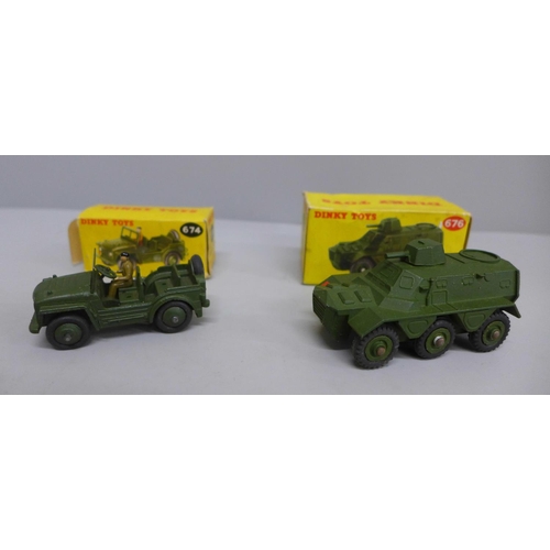 620 - Two Dinky Toys; no.676 Armoured Personnel Carrier and no.674 Austin Champ, (674 box missing rear fla... 