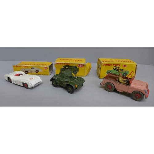 625 - A Dinky Toys 340 Land Rover (re-painted), 670 Dinky Armoured Car (in associated box), Dinky 237 Merc... 