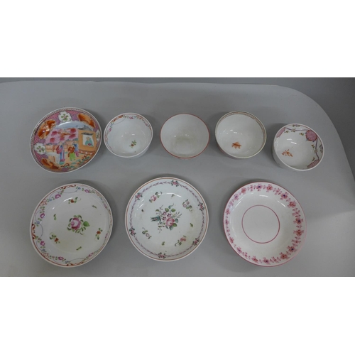 628 - Four 18th Century Newhall tea bowls and saucers, three bowls with hairline crack