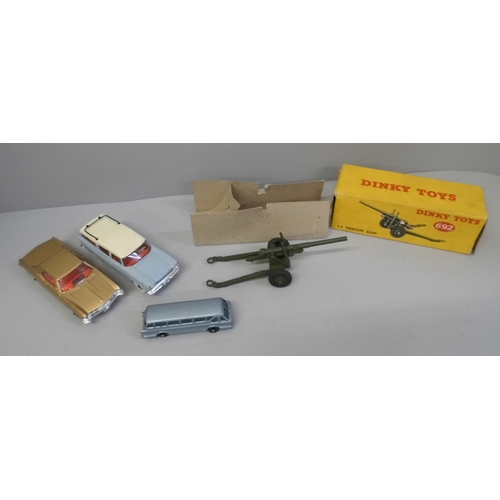 642 - A boxed Dinky Toys no.692 5.5 Medium Gun, Dinky Toys no.193 Rambler Cross Country, Corgi Buick Rivie... 