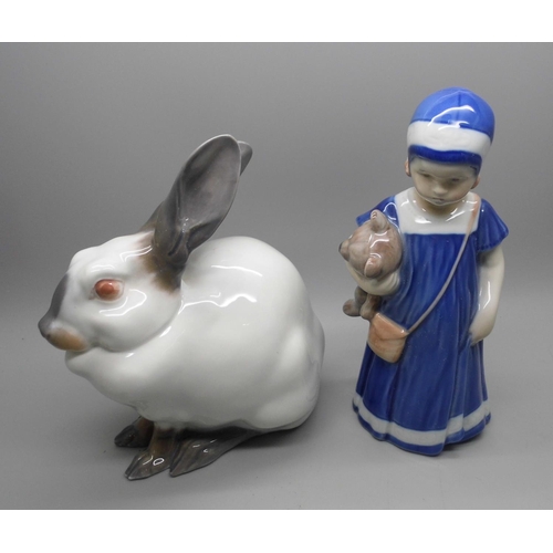 665 - Two Royal Copenhagen figures, rabbit and a girl with Teddy bear