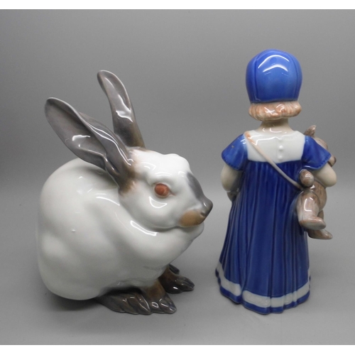 665 - Two Royal Copenhagen figures, rabbit and a girl with Teddy bear