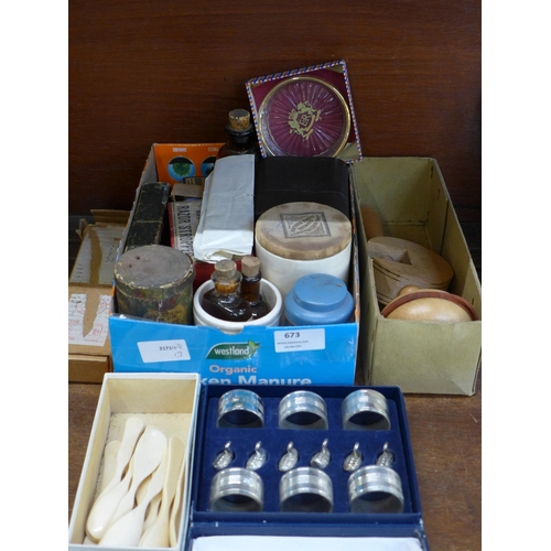 673 - Assorted items, six napkin rings and place name holders, a commemorative dish, a RNIB darning aid, b... 