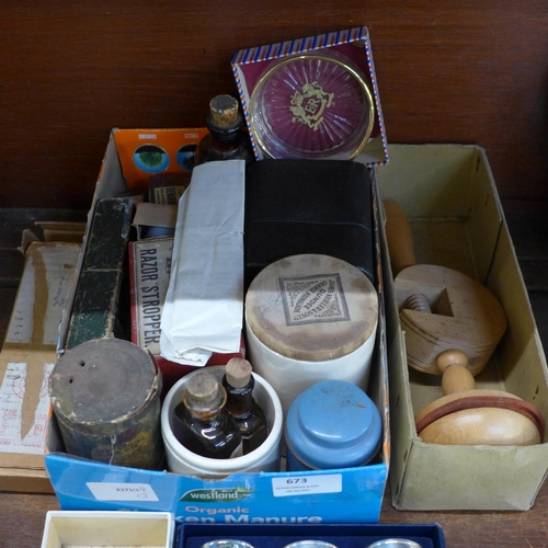 673 - Assorted items, six napkin rings and place name holders, a commemorative dish, a RNIB darning aid, b... 