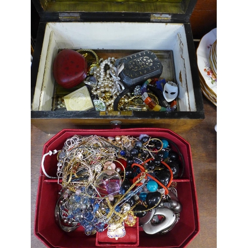 684 - A walnut box with costume jewellery and one other box of costume jewellery