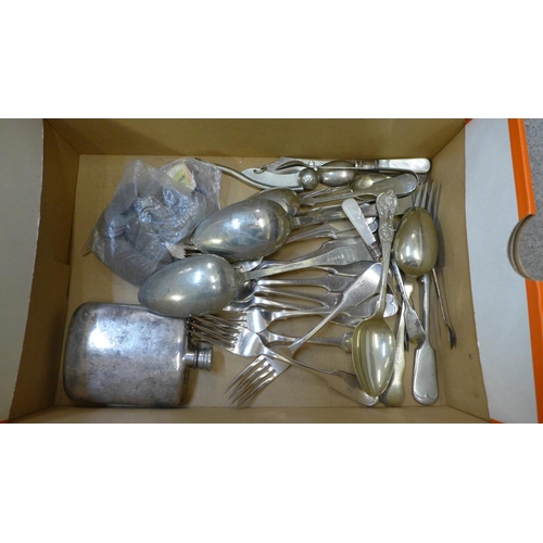 726 - A plated flask, a plated mug, flatware, a collection of coins and a Civic pewter dish