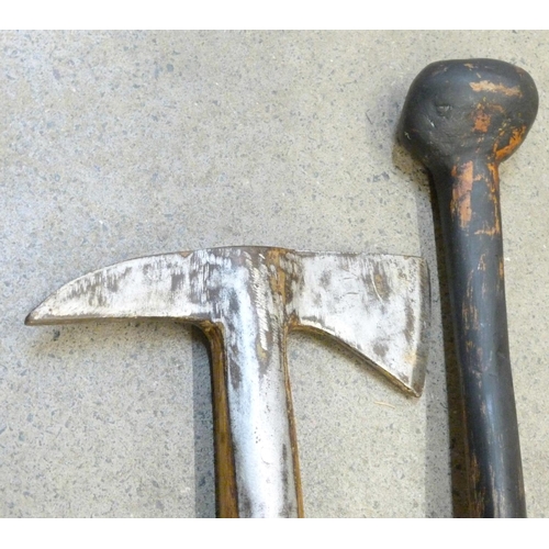 795 - A WWI period fireman's axe, marked Gilpin, and an African fighting stick