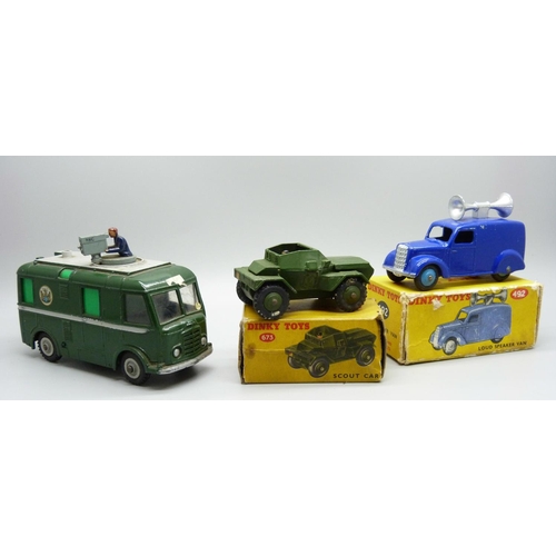 798 - Three Dinky Toys - Scout Car, Loud Speaker van and TV Roving eye