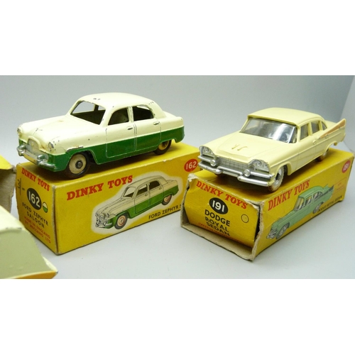 801 - Three Dinky toys - Caravan no. 190, Dodge Royal Sedan no. 191 and Ford Zephyr Saloon no. 16