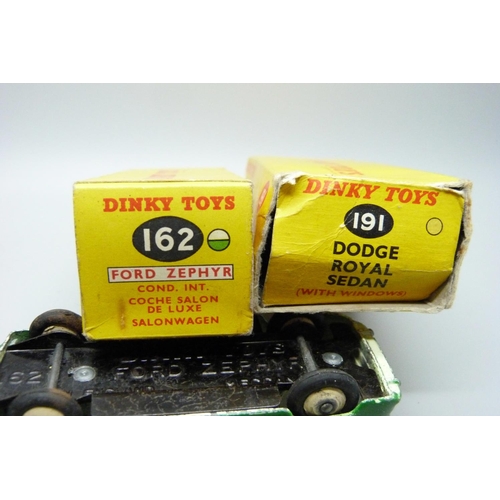 801 - Three Dinky toys - Caravan no. 190, Dodge Royal Sedan no. 191 and Ford Zephyr Saloon no. 16