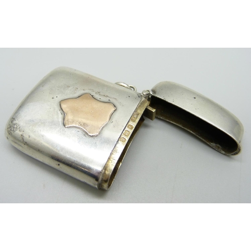 837 - A silver vesta case with gold cartouche, Birmingham 1901, Samuel M. Levi, 37g